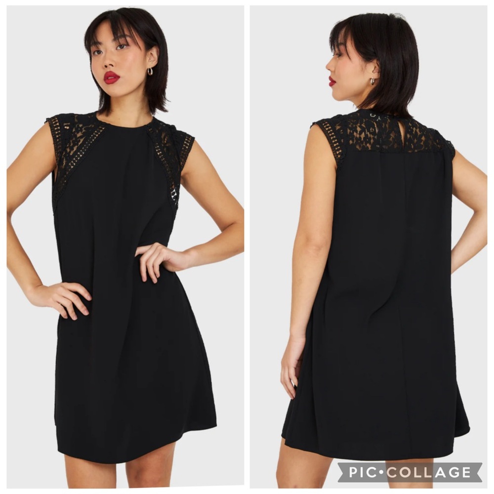 Zara Lace Trim Cap Sleeve Shift Dress Black L‎ NWT